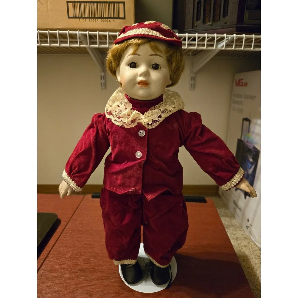 Vintage JDK 247 Kestner Hilda‎ Reproduction Porcelain Doll Burgundy Velvet Suit